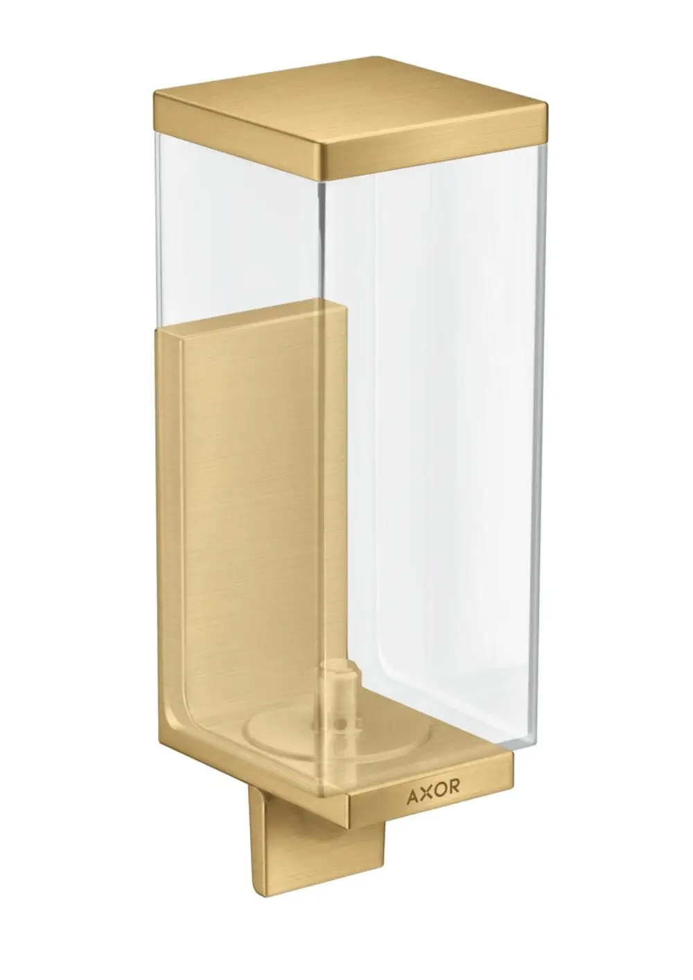 Transparenter Lotionspender mit vergoldetem Edelstahl-Gehäuse, angebracht an einer Wand. Das Produkt trägt das Logo der Marke AXOR.